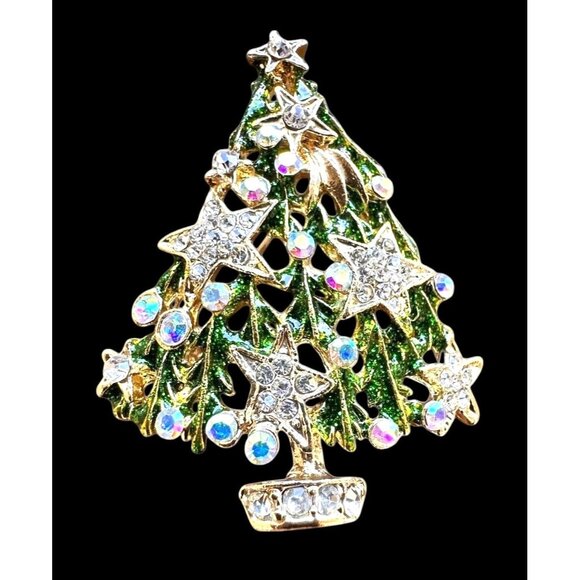 Christmas Tree Brooch Pin New Aurora Borealis Rhinestones Stars Northern… - Picture 2 of 12
